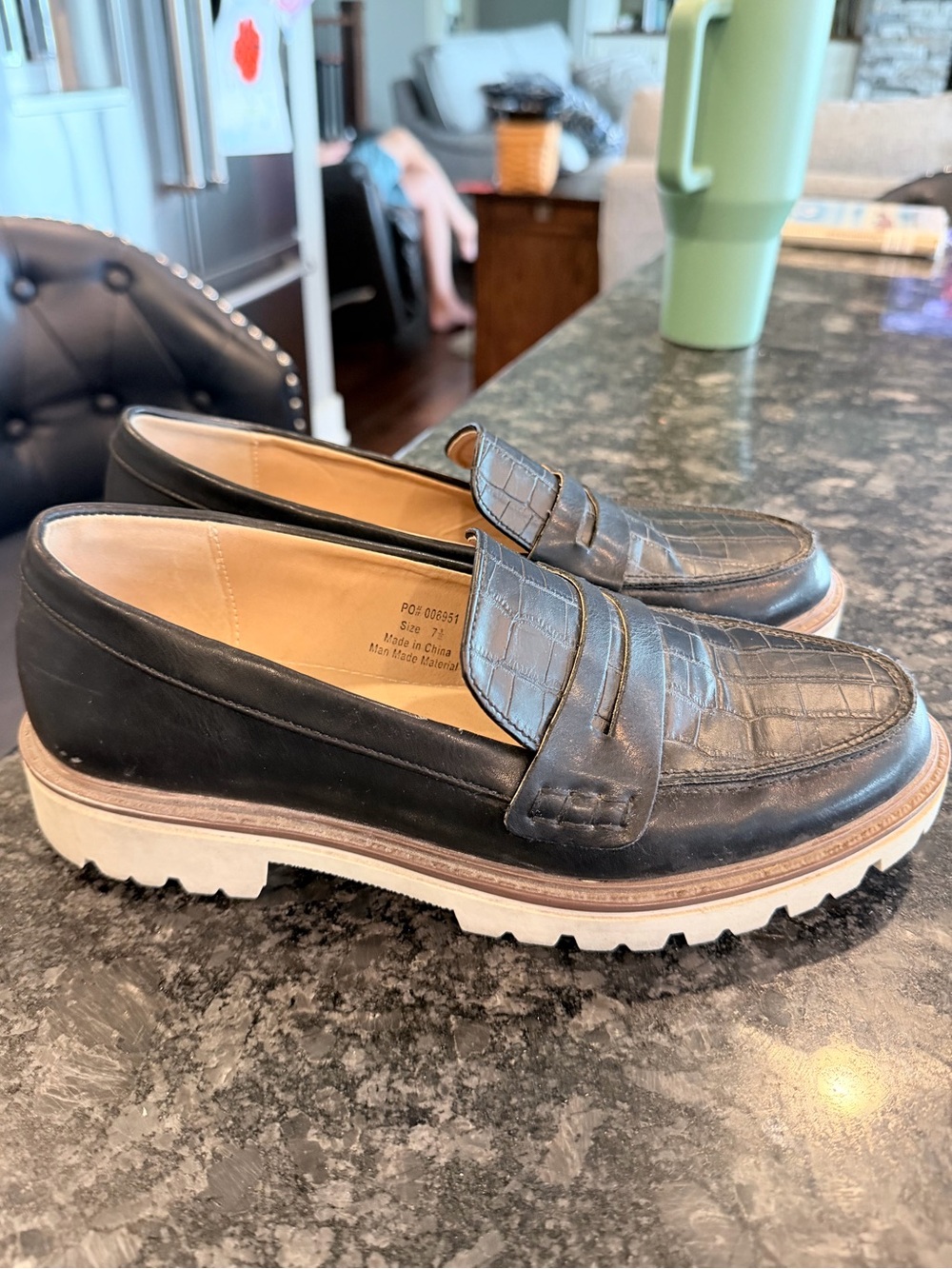 Journee Collection Black Leather Lug-Sole Penny Loafers
